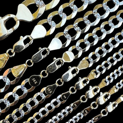 HarlemBling Two Tone Diamond Cut Curb Miami Cuban Link Chain Necklace - 14k Yellow Gold - 16"-30" - 2.6mm-12.2mm