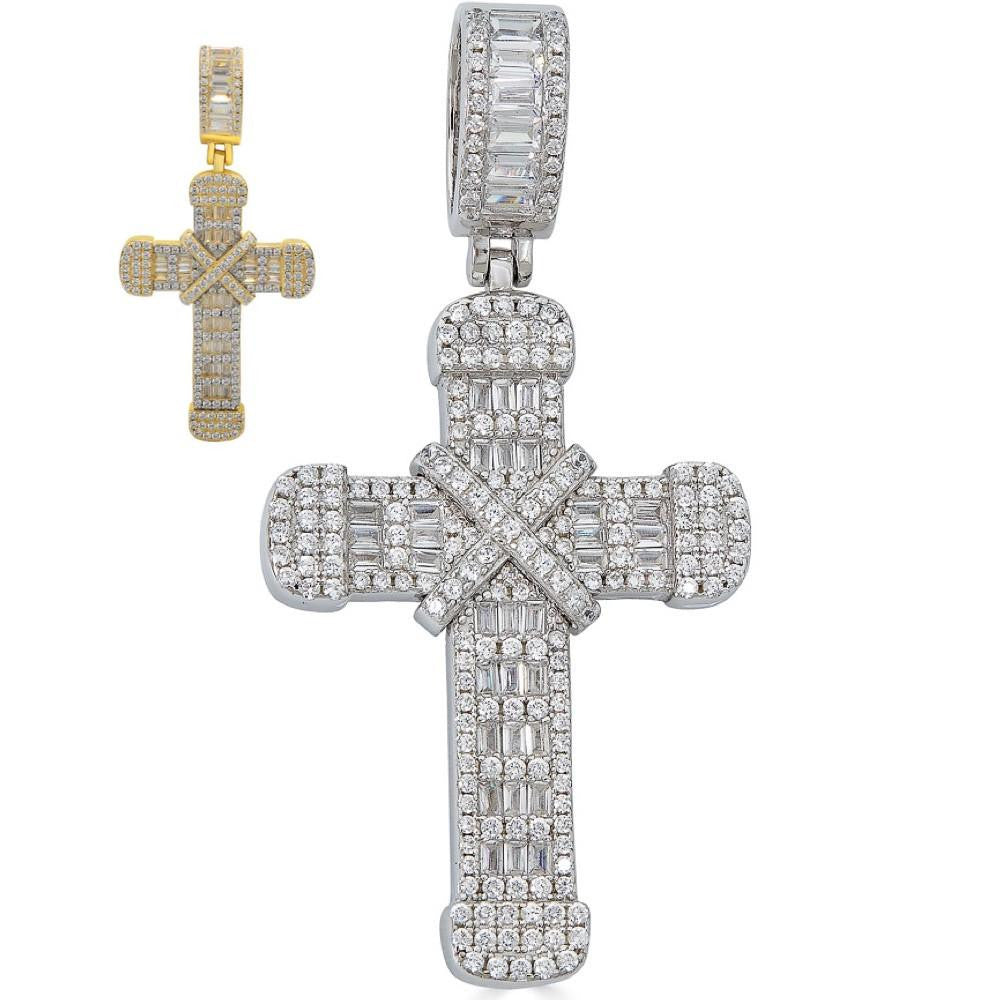 HarlemBling Unique Hip Hop Cross Baguette Pendant - 14k Gold Vermeil Or 925 Silver - CZ Stones - Medium 2"
