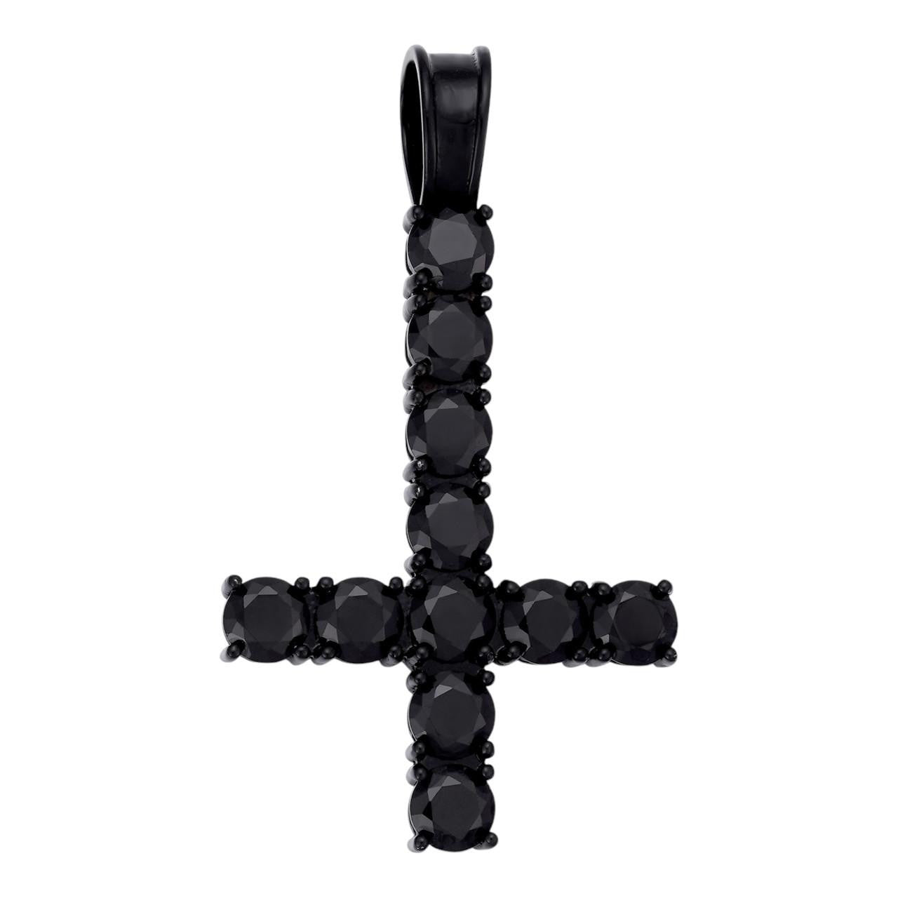 HarlemBling Upside Down Inverted Tennis Cross Pendant - Black Rhodium Over 925 Silver - Black CZ Stones - Medium 2"