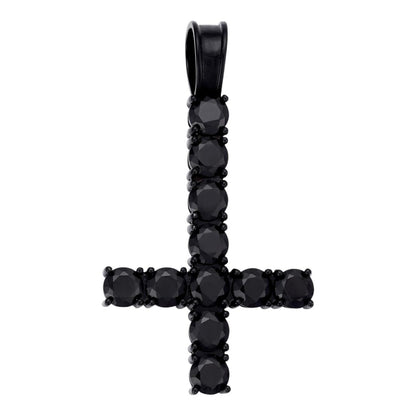 HarlemBling Upside Down Inverted Tennis Cross Pendant - Black Rhodium Over 925 Silver - Black CZ Stones - Medium 2"