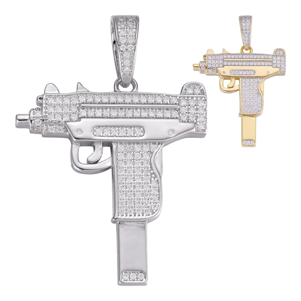 HarlemBling Uzi Gun Hip Hop Pendant - 14k Gold Vermeil Or 925 Silver - CZ Stones - Small 1.5"