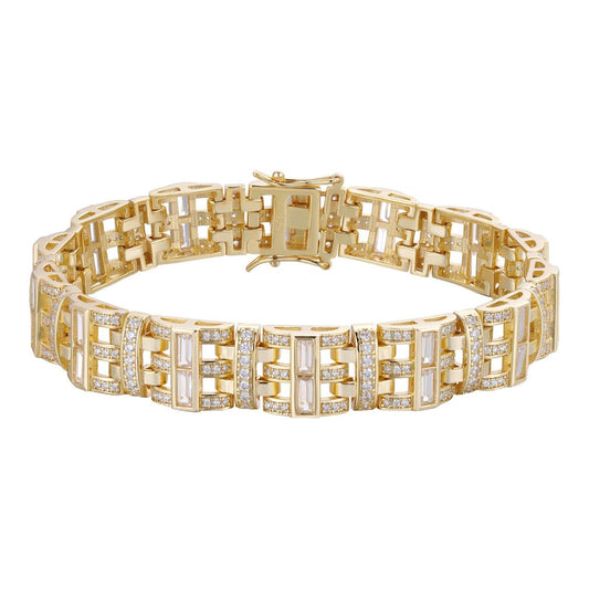 HarlemBling Venetian Italian Custom Link Bracelet Iced Out Baguette CZ Stones - 14k Gold Vermeil 925 Silver - 11.5mm - 7"-8.5"