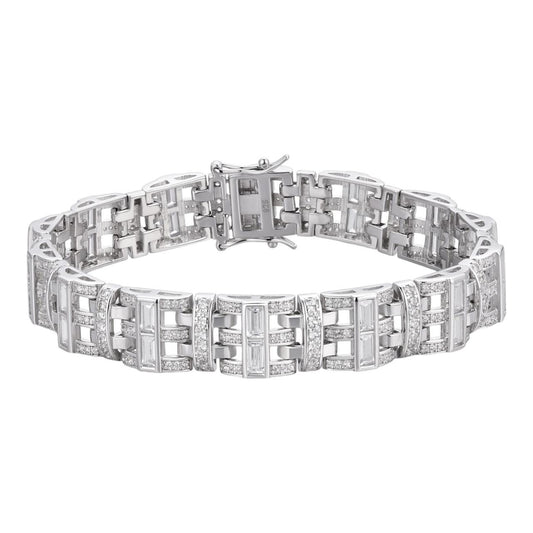 HarlemBling Venetian Italian Custom Link Bracelet Iced Out Baguette CZ Stones - 925 Silver - 11.5mm - 7"-8.5"