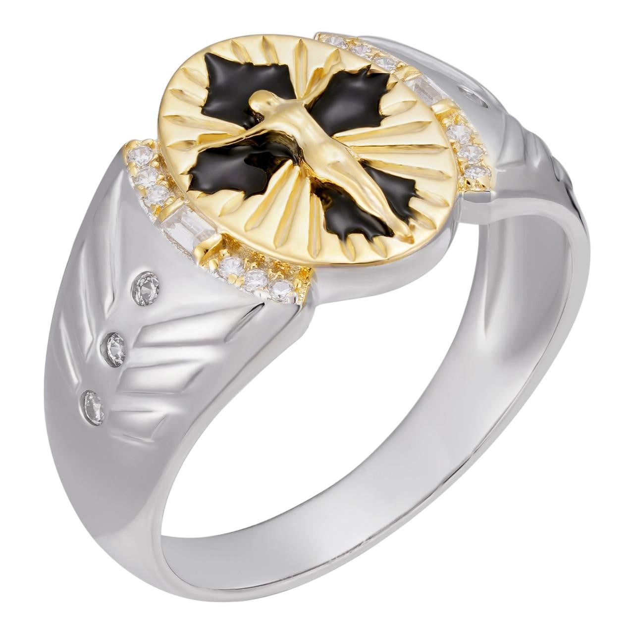 HarlemBling Venetian Jesus On Cross Ring - 925 Silver & Gold Accent  - CZ Stones