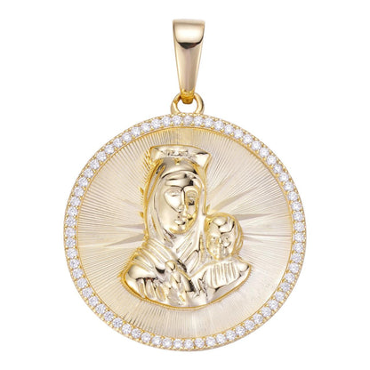 HarlemBling Virgin Mary Baby Jesus Coin Medallion Pendant - 14k Gold Vermeil 925 Silver - CZ Stones - Tiny 1"