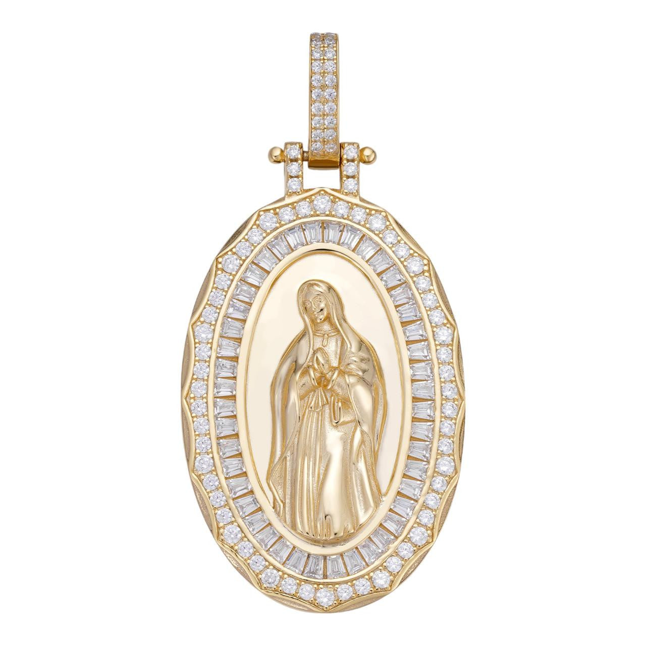 HarlemBling Virgin Mary Iced Medallion Pendant - 14k Gold Vermeil 925 Silver - CZ Stones - 3 Sizes 1.75"-3.25"