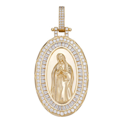 HarlemBling Virgin Mary Iced Medallion Pendant - 14k Gold Vermeil 925 Silver - CZ Stones - 3 Sizes 1.75"-3.25"