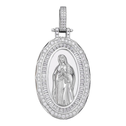 HarlemBling Virgin Mary Iced Medallion Pendant - 925 Silver - CZ Stones - 3 Sizes 1.75"-3.25"
