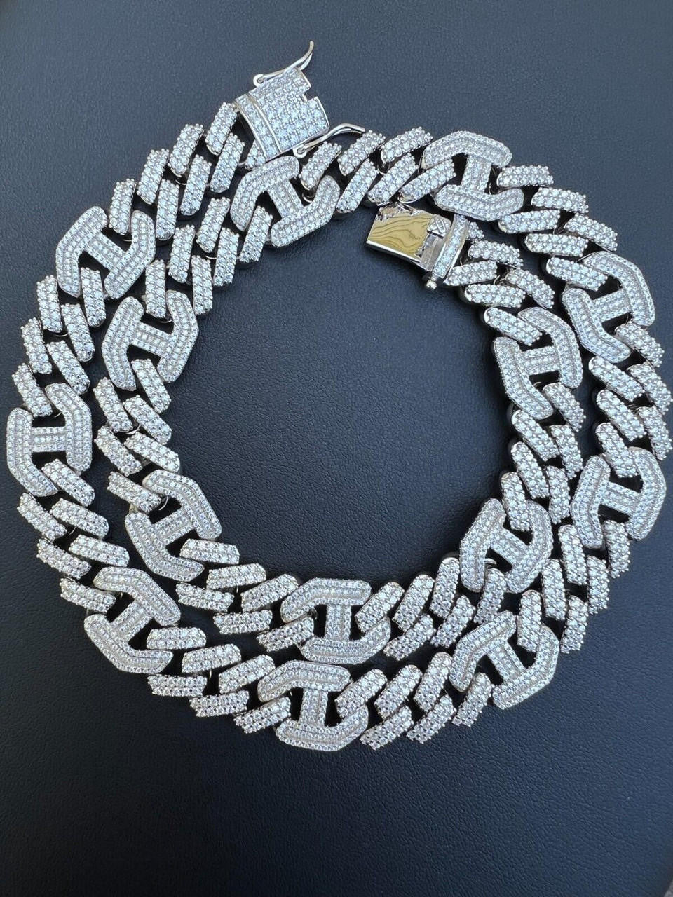 HarlemBling VVS MOISSANITE Solid 925 Silver Mens 15mm Figarucci Gucci Link Prong Cuban Chain