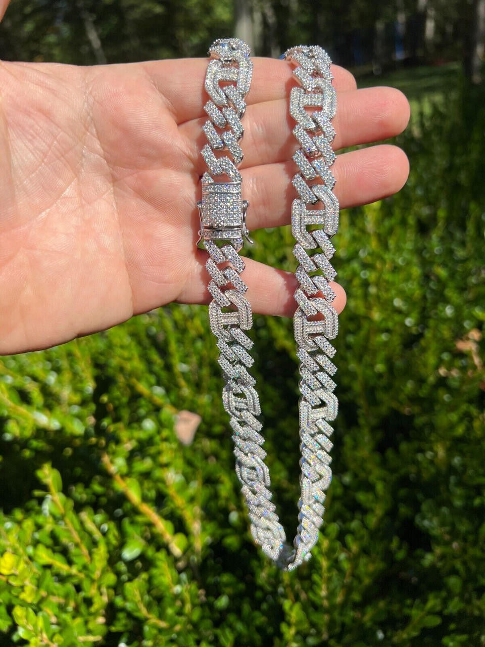 HarlemBling VVS MOISSANITE Solid 925 Silver Mens 15mm Figarucci Gucci Link Prong Cuban Chain