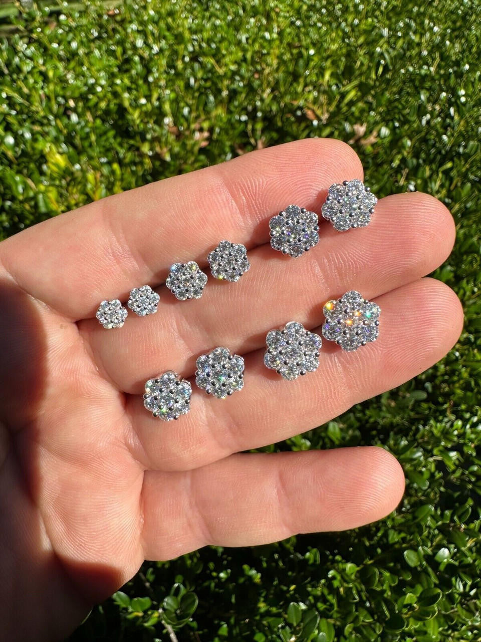 HarlemBling VVS Moissanite Studs Cluster Flower Set Earrings Real 925 Sterling Silver 6-11mm