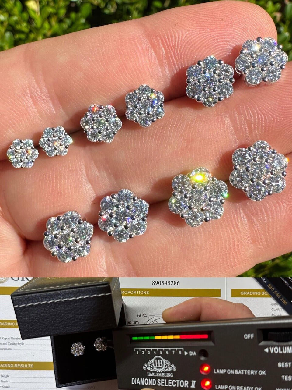 HarlemBling VVS Moissanite Studs Cluster Flower Set Earrings Real 925 Sterling Silver 6-11mm