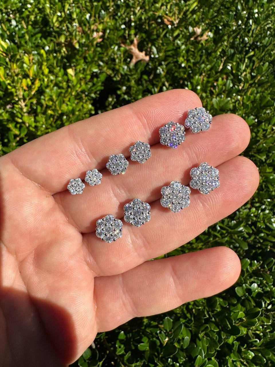 HarlemBling VVS Moissanite Studs Cluster Flower Set Earrings Real 925 Sterling Silver 6-11mm