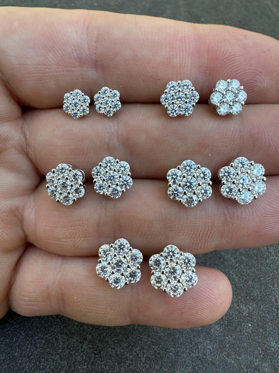 HarlemBling VVS Moissanite Studs Cluster Flower Set Earrings Real 925 Sterling Silver 6-11mm