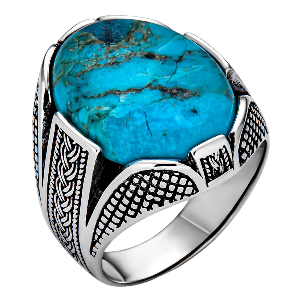 Mens Real Solid 925 Sterling Silver Blue Turquoise Natural Native