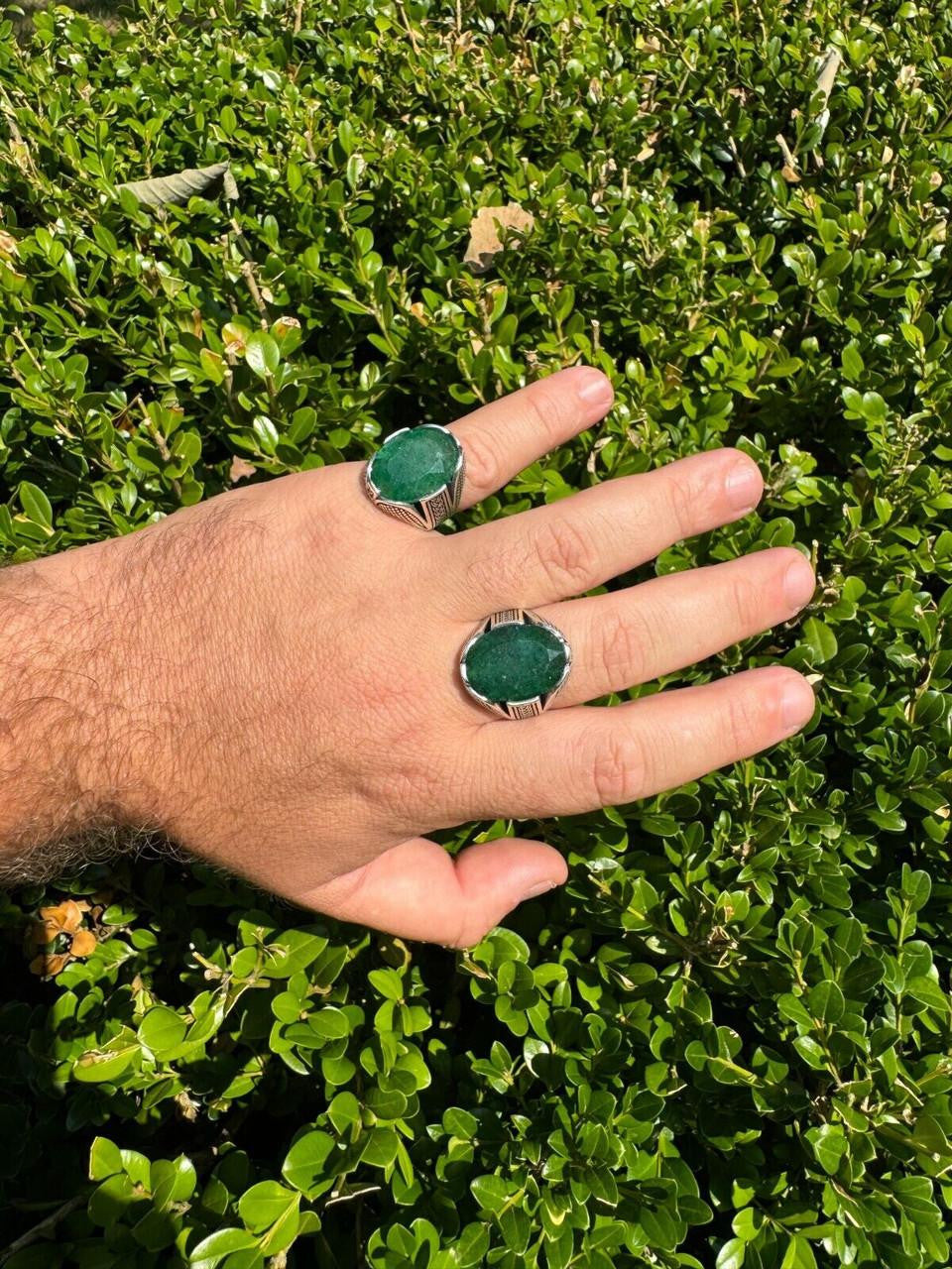 HarlemBling Wealth Ring - 925 Silver Oxidized - Genuine Green Emerald Stone