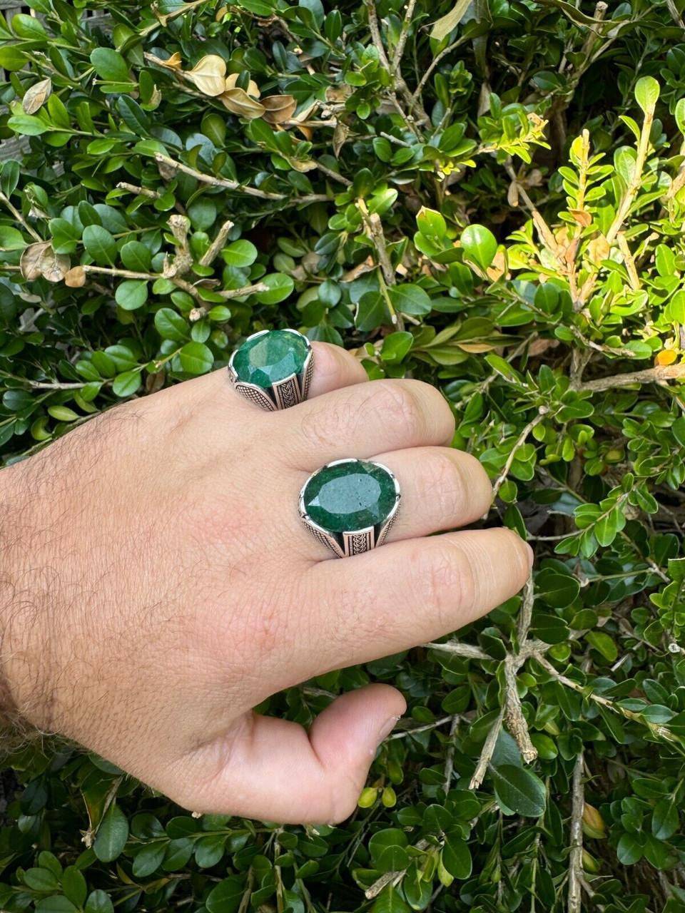 HarlemBling Wealth Ring - 925 Silver Oxidized - Genuine Green Emerald Stone