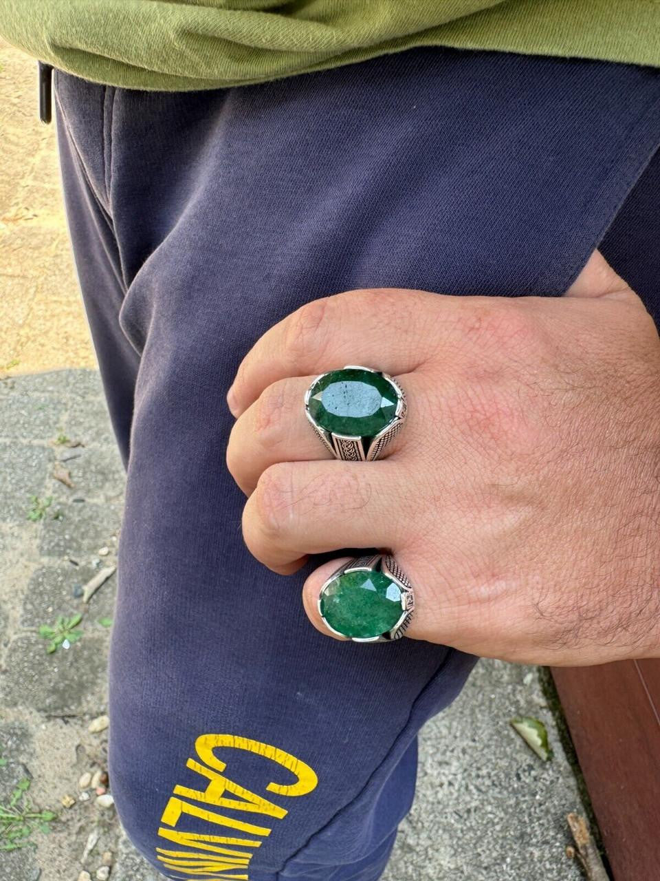 HarlemBling Wealth Ring - 925 Silver Oxidized - Genuine Green Emerald Stone