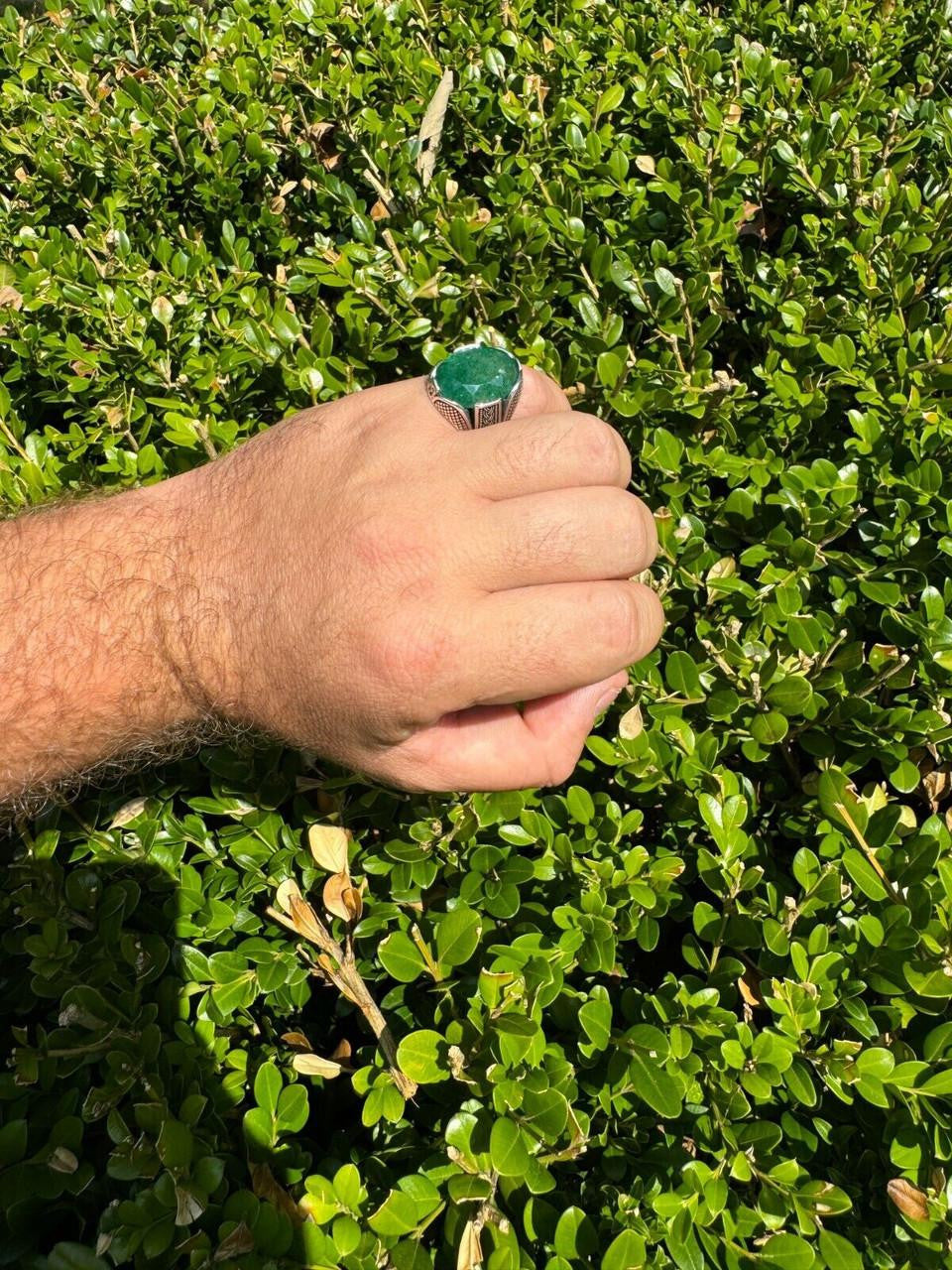 HarlemBling Wealth Ring - 925 Silver Oxidized - Genuine Green Emerald Stone