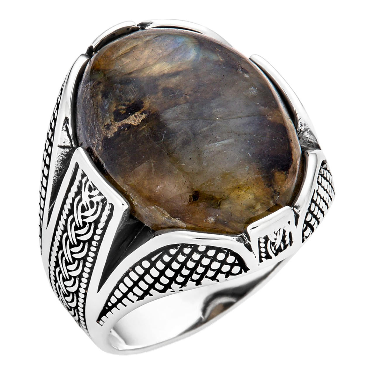HarlemBling Wealth Ring - 925 Silver Oxidized - Genuine Labradorite Stone