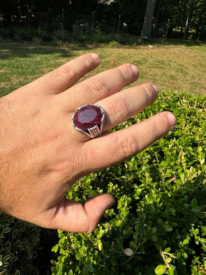 HarlemBling Wealth Ring - 925 Silver Oxidized - Genuine Red Ruby Stone