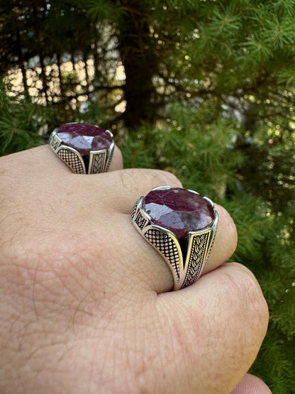 HarlemBling Wealth Ring - 925 Silver Oxidized - Genuine Red Ruby Stone