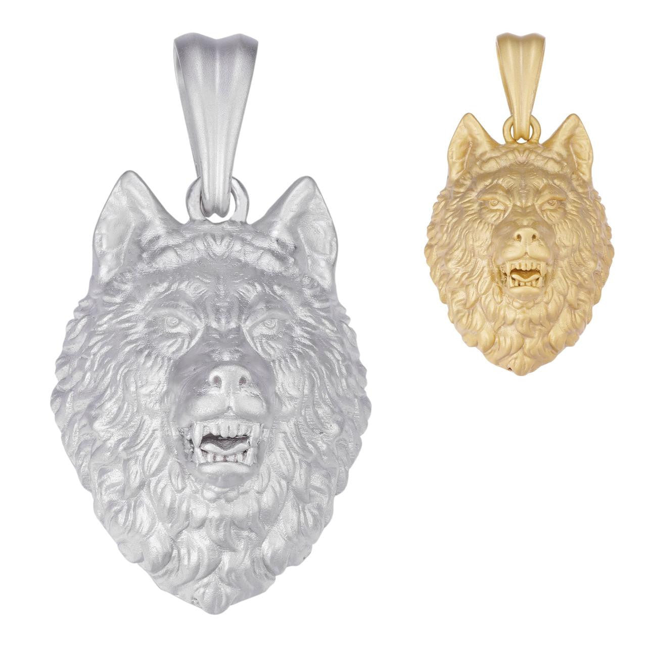 HarlemBling Wolf Head High Detailed Pendant - Sandblasted Matte Finish 14k Gold Vermeil Or 925 Silver - Medium 2"