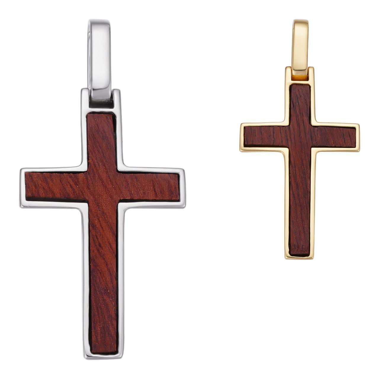 HarlemBling Wood Inlay Plain Religious Cross Pendant - 14k Gold Vermeil Or 925 Silver - Large 2.5"