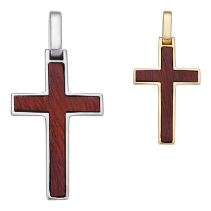 HarlemBling Wood Inlay Plain Religious Cross Pendant - 14k Gold Vermeil Or 925 Silver - Large 2.5"