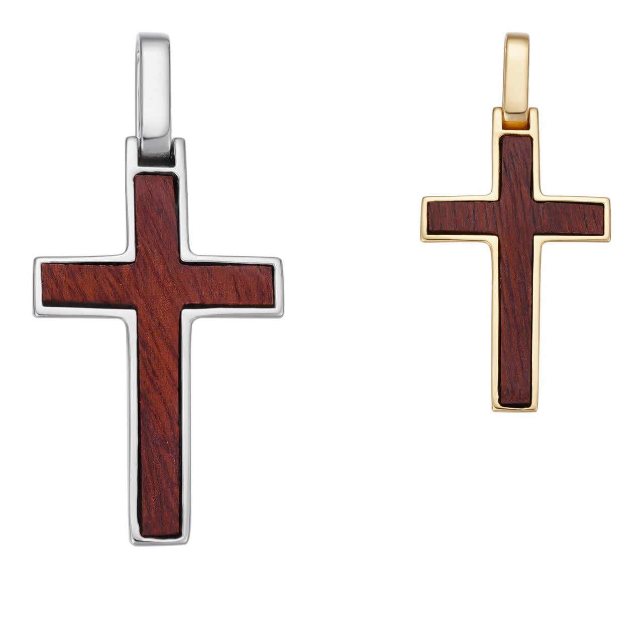 HarlemBling Wood Inlay Plain Religious Cross Pendant - 14k Gold Vermeil Or 925 Silver - Small 1.5"