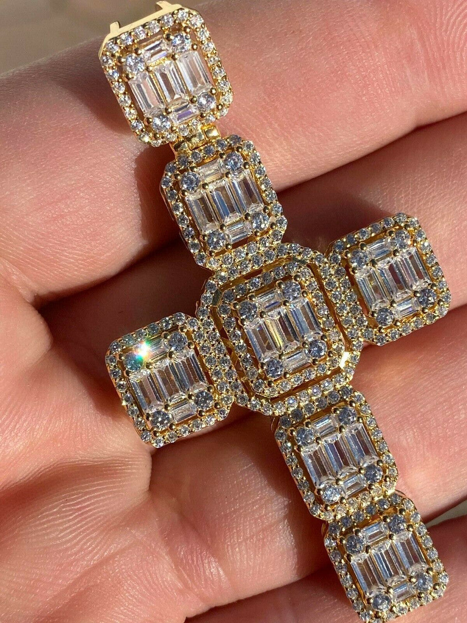 HarlemBling Yellow Gold Over Solid 925 Silver Mens Large Baguette Diamond Cross Necklace 2