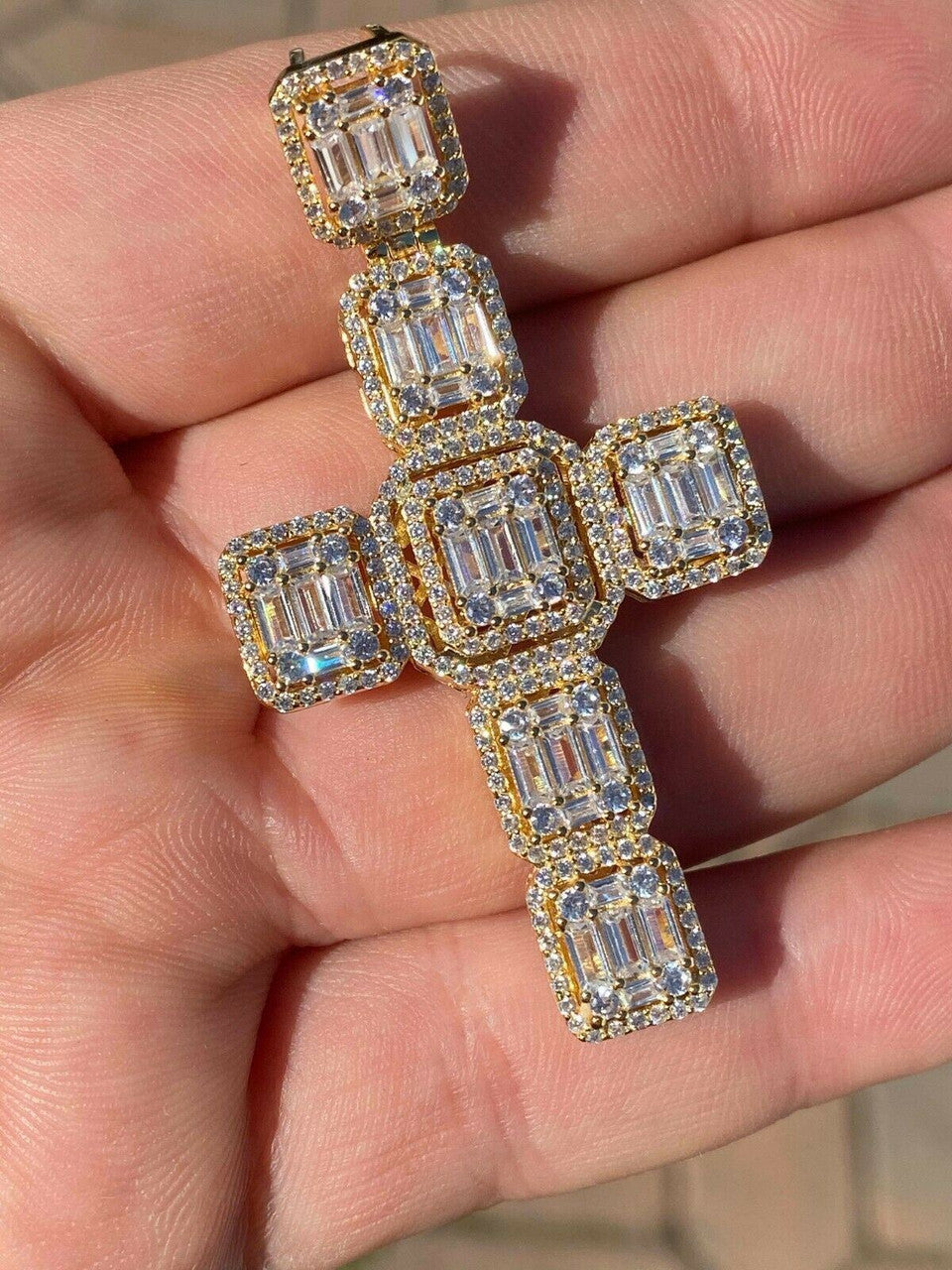 HarlemBling Yellow Gold Over Solid 925 Silver Mens Large Baguette Diamond Cross Necklace 2