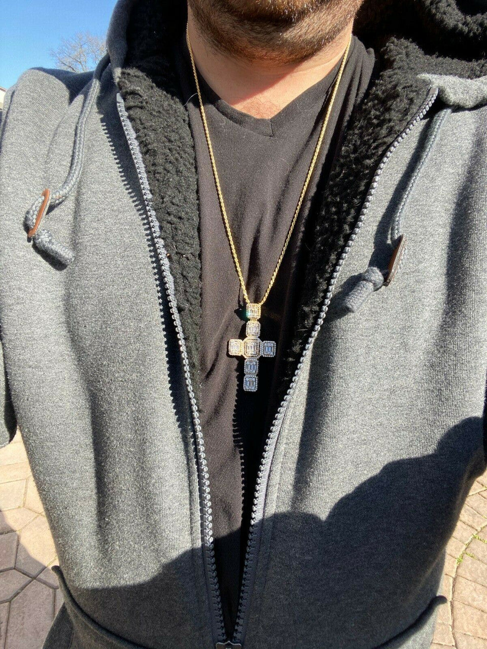 HarlemBling Yellow Gold Over Solid 925 Silver Mens Large Baguette Diamond Cross Necklace 2