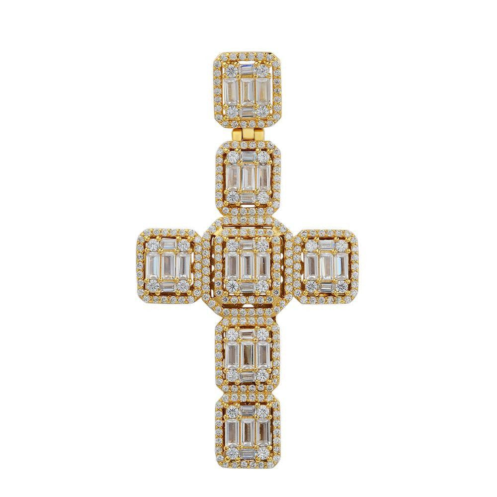 HarlemBling Yellow Gold Over Solid 925 Silver Men's Large Baguette Diamond Cross Necklace 2"