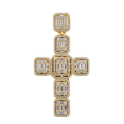 HarlemBling Yellow Gold Over Solid 925 Silver Men's Large Baguette Diamond Cross Necklace 2"
