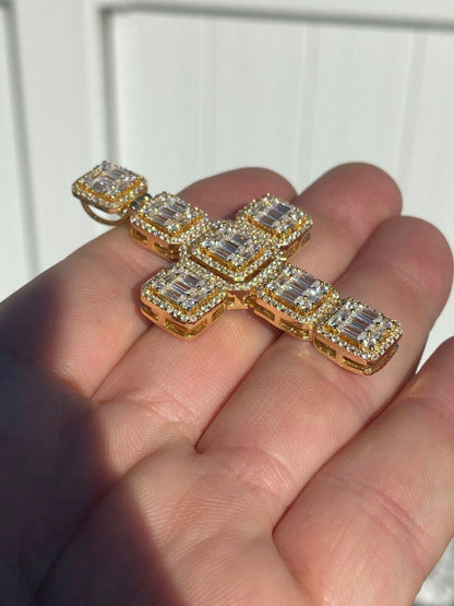 HarlemBling Yellow Gold Over Solid 925 Silver Mens Large Baguette Diamond Cross Necklace 2