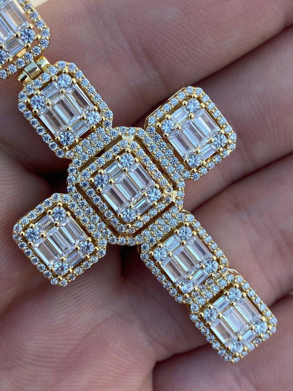 HarlemBling Yellow Gold Over Solid 925 Silver Mens Large Baguette Diamond Cross Necklace 2