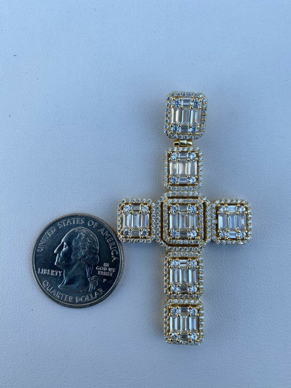 HarlemBling Yellow Gold Over Solid 925 Silver Mens Large Baguette Diamond Cross Necklace 2