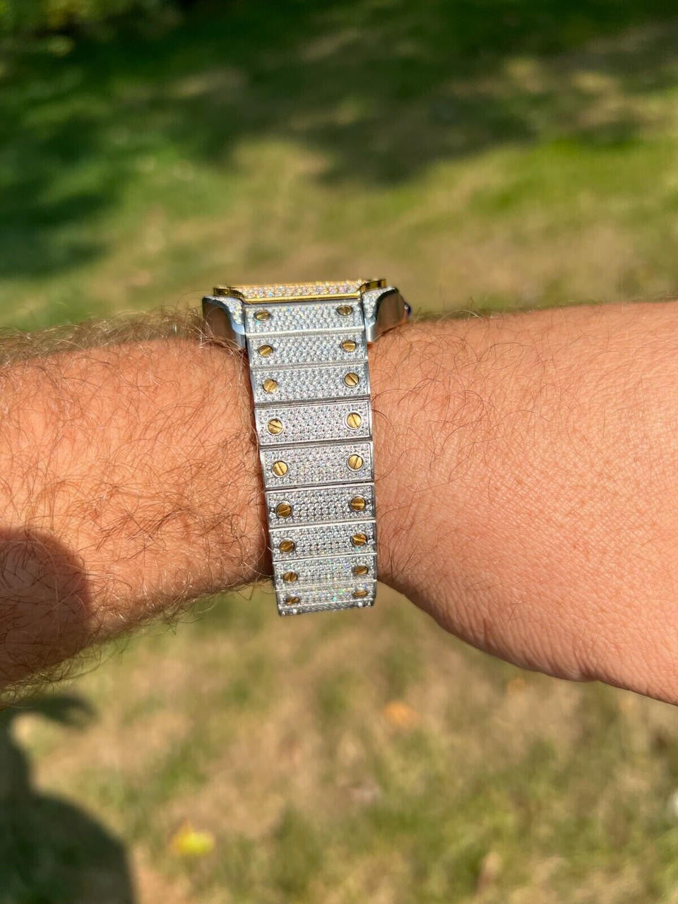 Hip Hop 14k Gold Plated & Stainless Steel Two Tone Real Mens Watch Iced CZ Arabic Dial