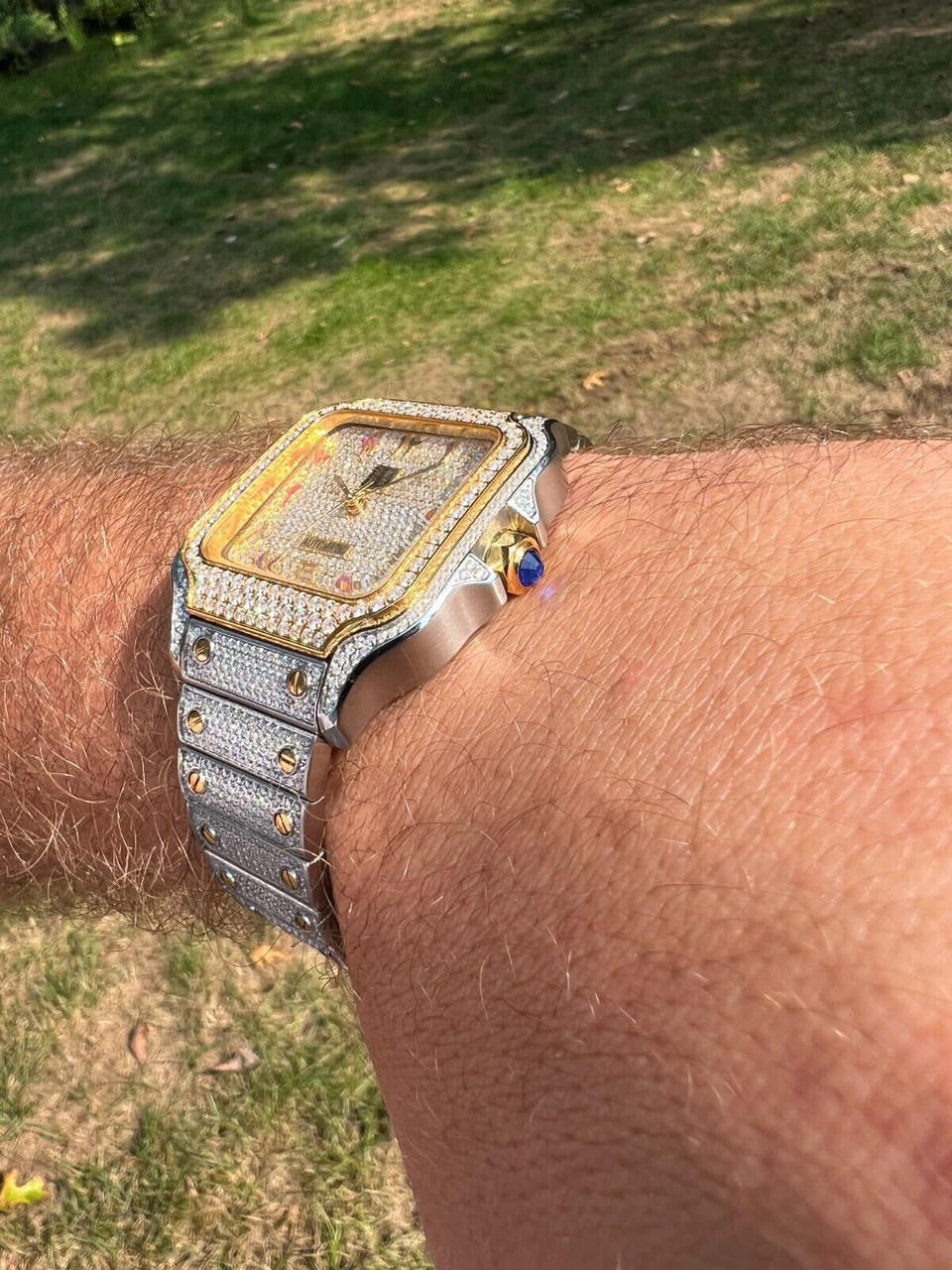 Hip Hop 14k Gold Plated & Stainless Steel Two Tone Real Mens Watch Iced CZ Arabic Dial