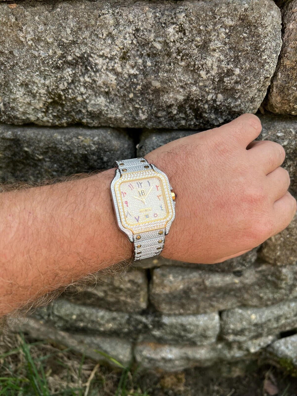 Hip Hop 14k Gold Plated & Stainless Steel Two Tone Real Mens Watch Iced CZ Arabic Dial