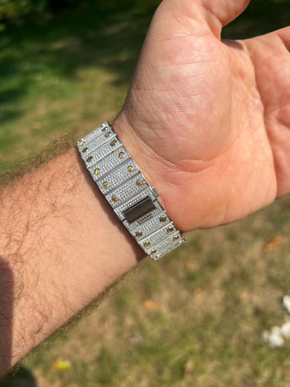 Hip Hop 14k Gold Plated & Stainless Steel Two Tone Real Mens Watch Iced CZ Arabic Dial