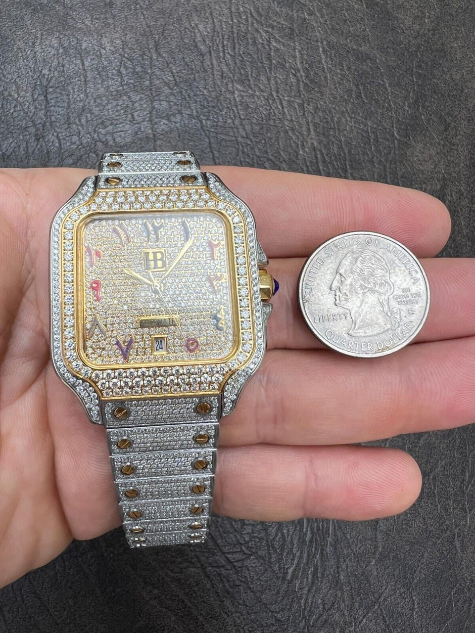 Hip Hop 14k Gold Plated & Stainless Steel Two Tone Real Mens Watch Iced CZ Arabic Dial