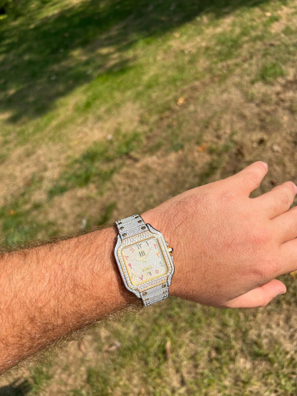 Hip Hop 14k Gold Plated & Stainless Steel Two Tone Real Mens Watch Iced CZ Arabic Dial