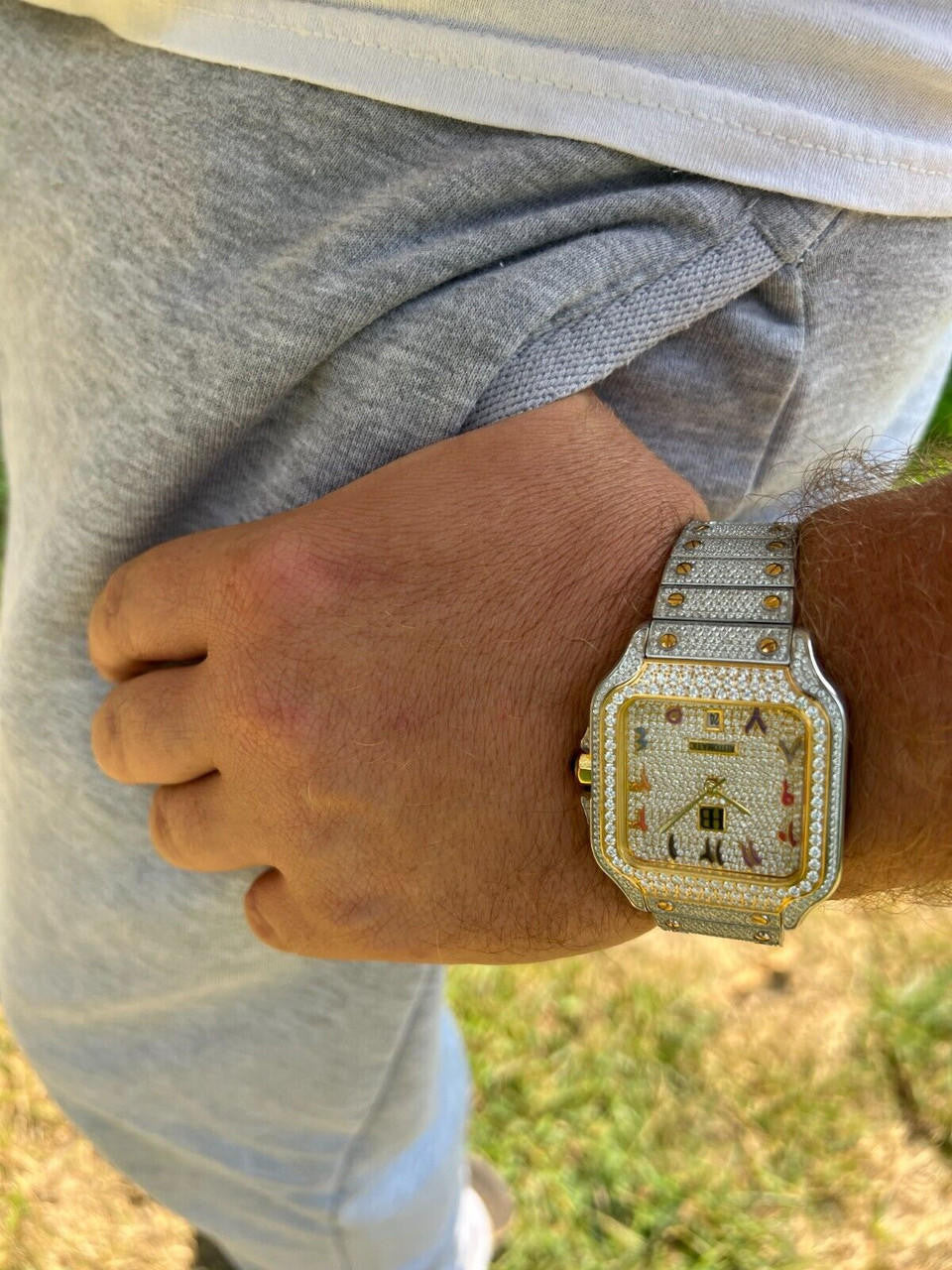 Hip Hop 14k Gold Plated & Stainless Steel Two Tone Real Mens Watch Iced CZ Arabic Dial