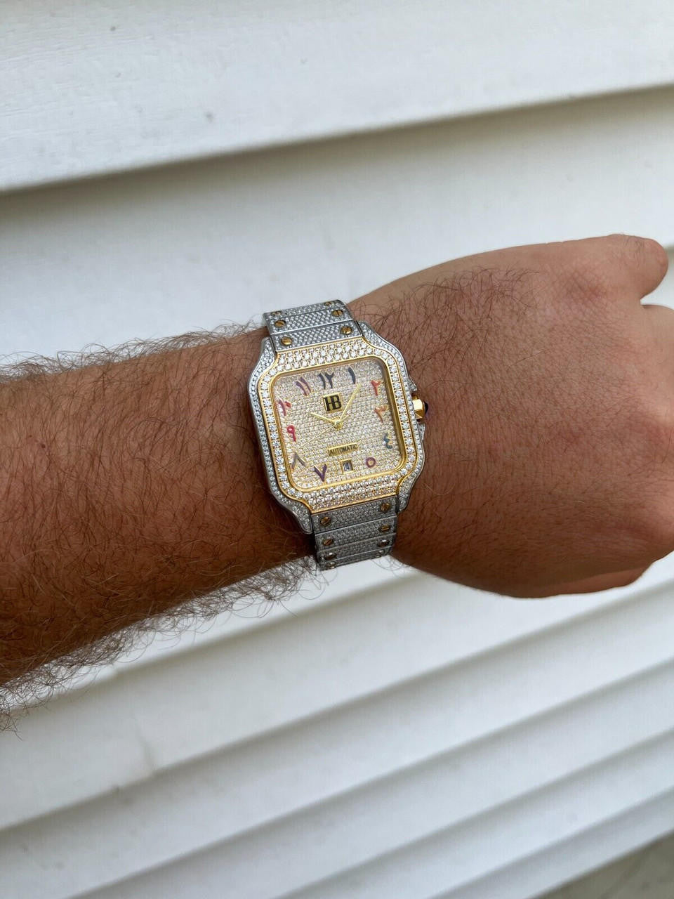 Hip Hop 14k Gold Plated & Stainless Steel Two Tone Real Mens Watch Iced CZ Arabic Dial