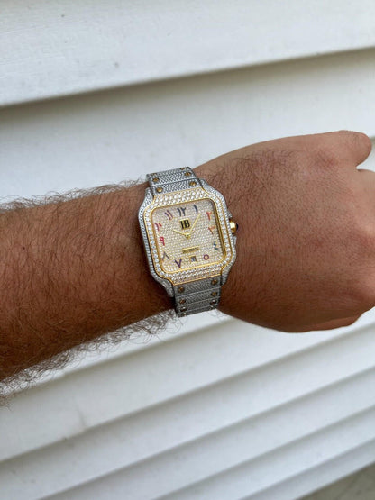 Hip Hop 14k Gold Plated & Stainless Steel Two Tone Real Mens Watch Iced CZ Arabic Dial