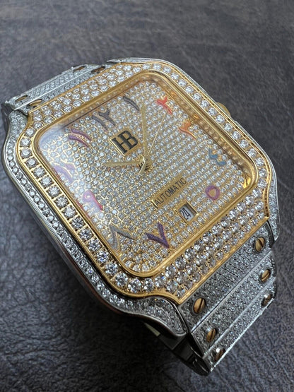 Hip Hop 14k Gold Plated & Stainless Steel Two Tone Real Mens Watch Iced CZ Arabic Dial