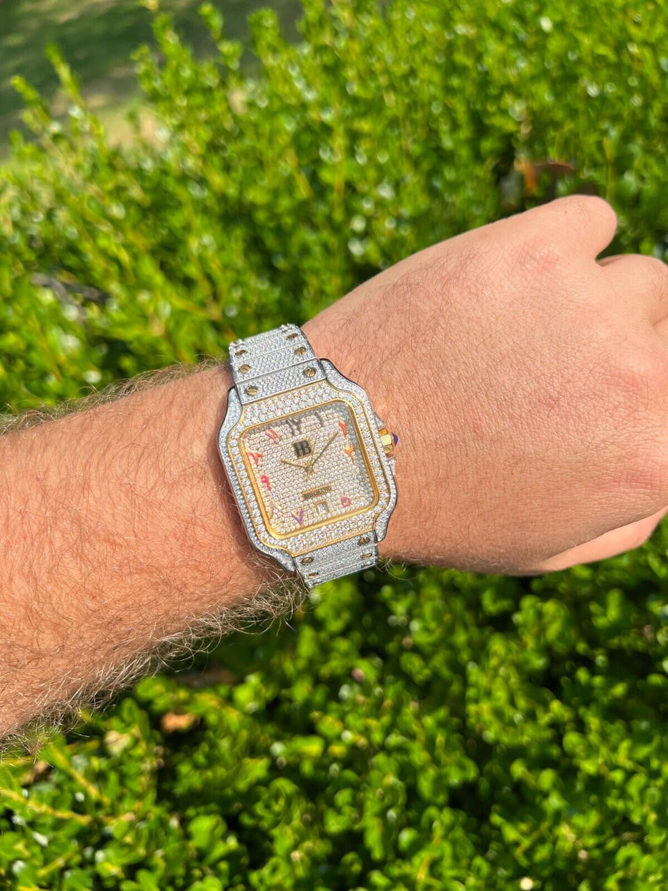 Hip Hop 14k Gold Plated & Stainless Steel Two Tone Real Mens Watch Iced CZ Arabic Dial