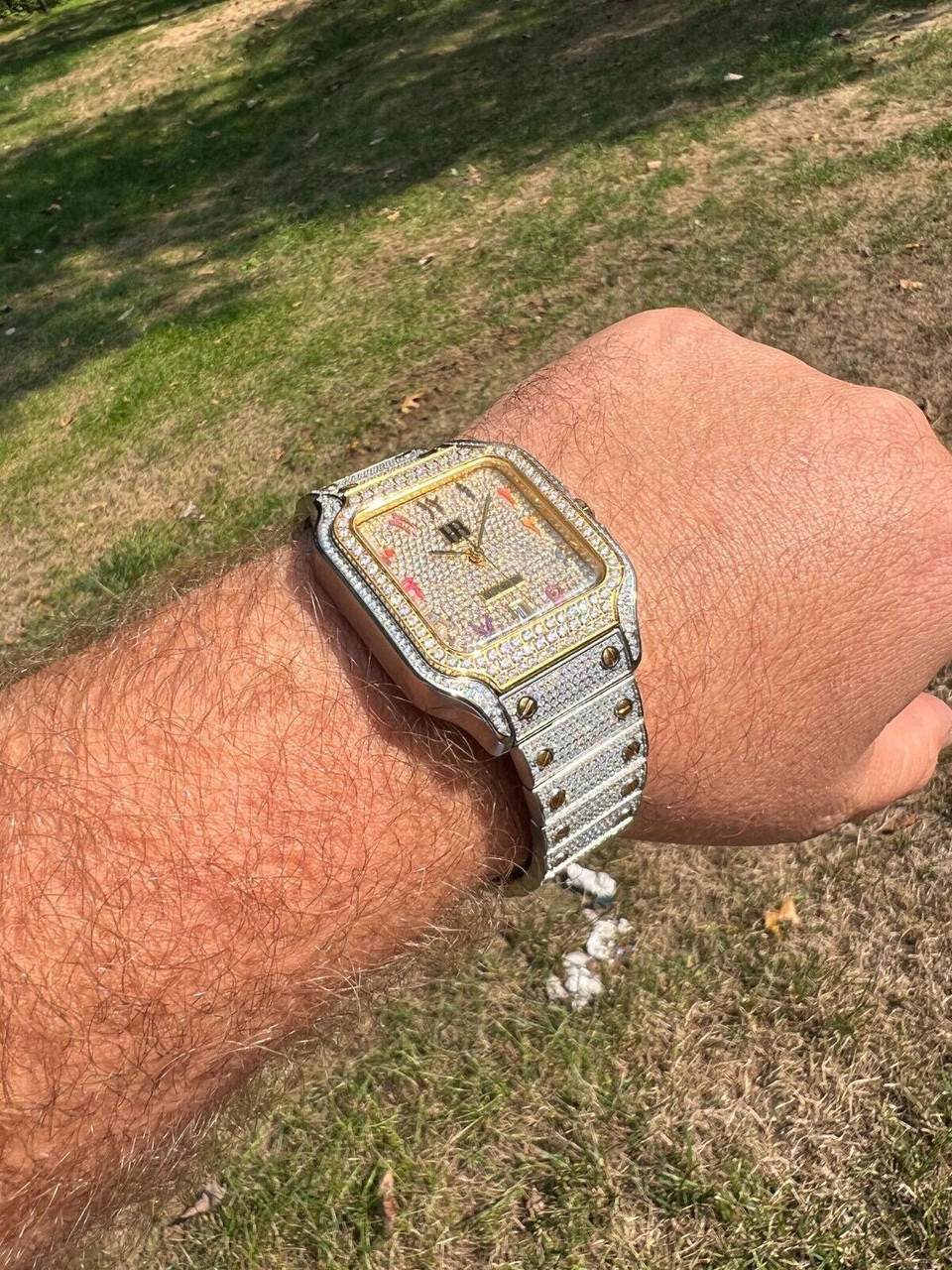 Hip Hop 14k Gold Plated & Stainless Steel Two Tone Real Mens Watch Iced CZ Arabic Dial